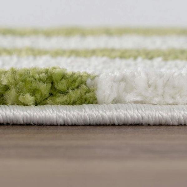 Close-up of a green and white striped rug on a wooden floor.