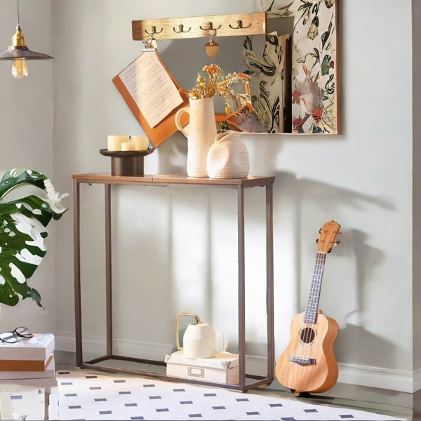 Rafaelo Mobilia Industrial Square Metal Hallway Console Table Rustic Brown