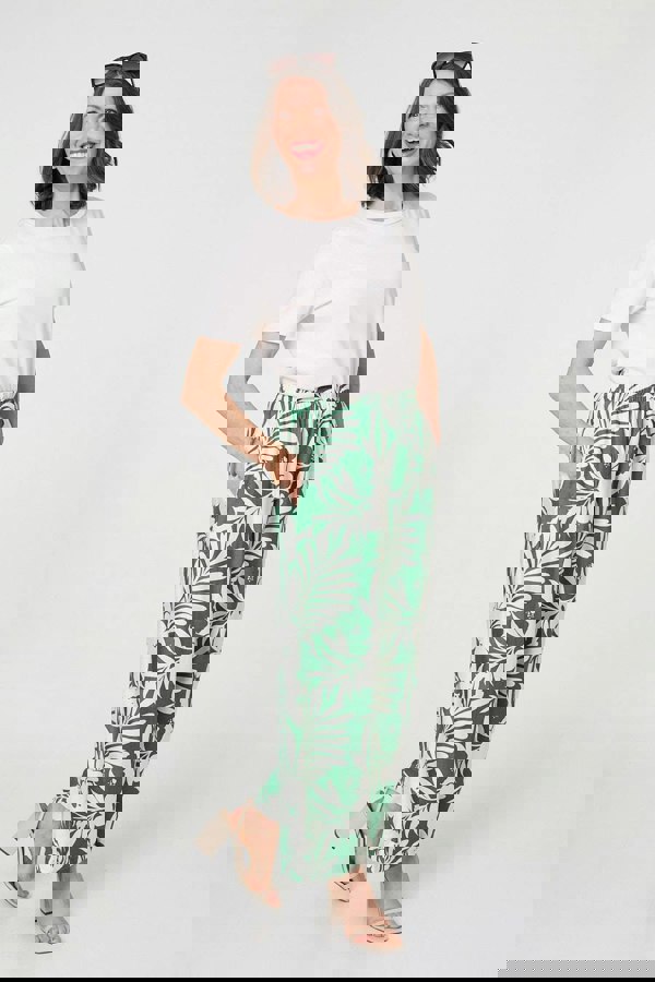 Green | Tropical Floral Wide Leg Trousers
