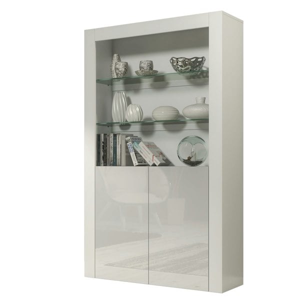 Mex Furniture Tall Display Cabinet 170cm White Matt Body and White Gloss Doors – Modern Open Shelving Unit