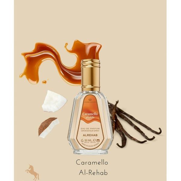 Al Rehab Caramello 50ml EDP Spray Macarons Delight with ingredients