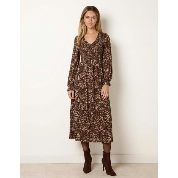 Blue Vanilla Leopard Print Shirred Detailing Button Front V Neck Dress