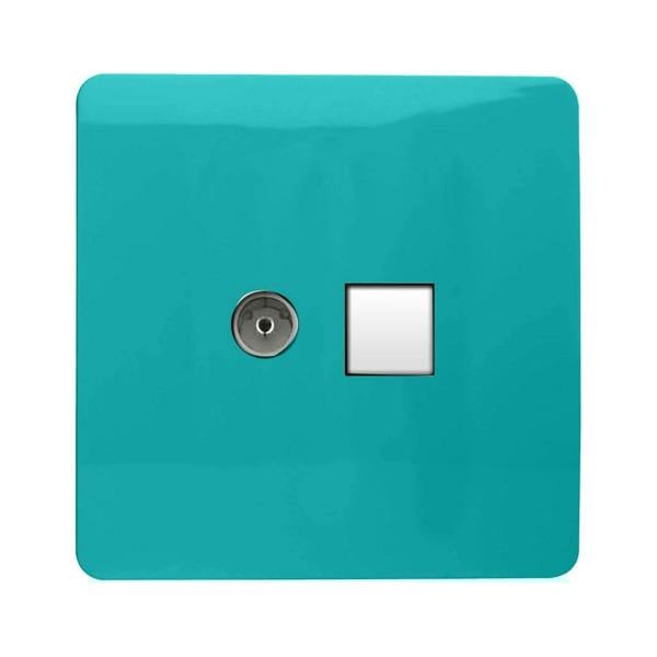 Trendi Switch 2 Gang Female TV Co-Axial & Telephone Slave Sockets in Bright Teal