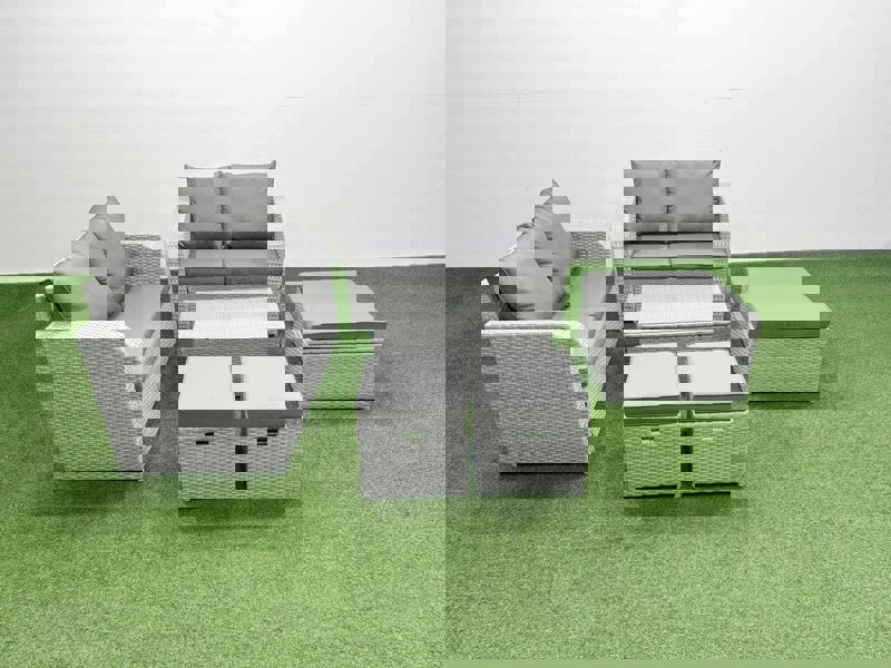 Fimous 7 Seater Outdoor Love Sofa Set Rattan Garden Furniture Set with Rectangular Coffee Table 3 Footstool Light Grey