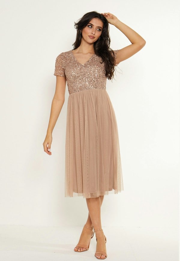Embellished Sequin Baby Doll Midi Dress in Taupe - ANGELEYE