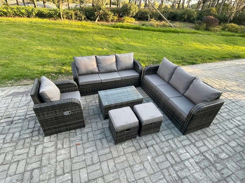 Fimous 9 Seater Rattan Lounge Sofa Set Outdoor Garden Furniture Set with Rectangular Coffee Table 3 Seater Sofa 2 Small Footstools Dark Grey Mixed
