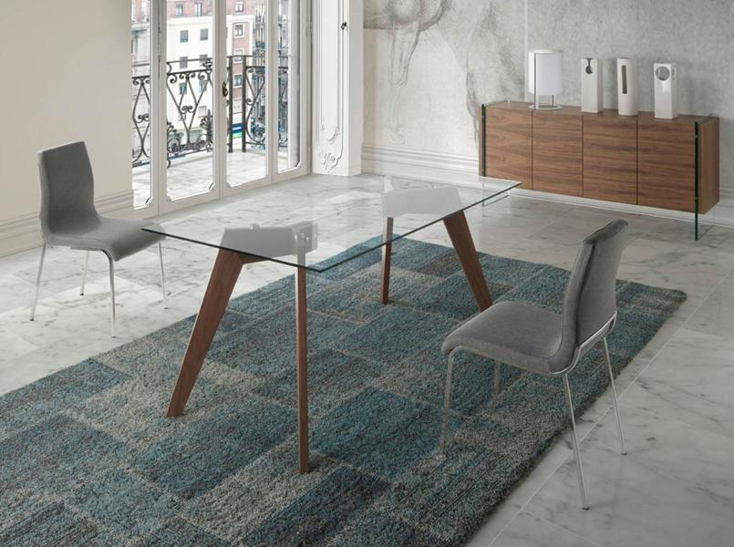 Angel Cerdá Rectangular tempered glass and walnut dining table 1031