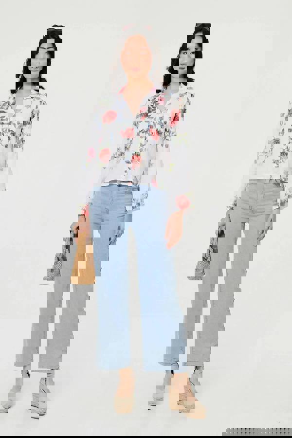 White | Floral 3/4 Turn-Up Sleeve Cropped Shirt