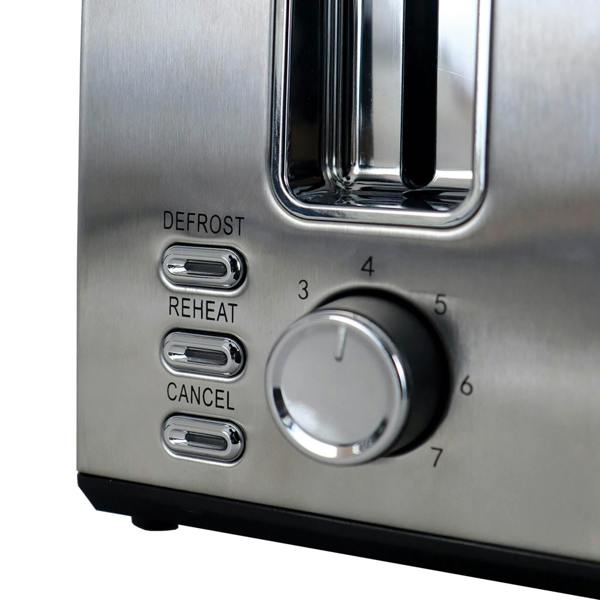 A close-up of the Igenix 2 Slice Toaster (650W) with wide slots, control dial for 6 browning levels, DEFROST/REHEAT/CANCEL buttons, crumb tray, and cord storage.