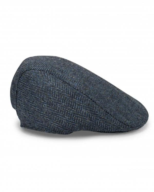 Navy Blue Hoggs of Fife Herringbone waterproof tweed flat cap with stiff peak a stylish waterproof tweed cap