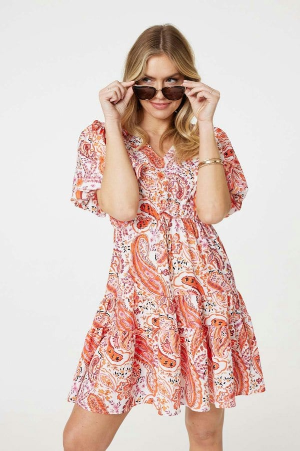 Izabel London Paisley Short Puff Sleeve Mini Dress