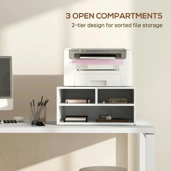 White three-compartment printer storage cabinet with front open cubbies