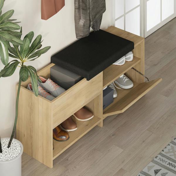 Decortie Modern Filux Shoe Bench Rack Sliding Fabric Seat and 120.3(W) Storage Cabinet 2-Tier Open Shelves Hallway