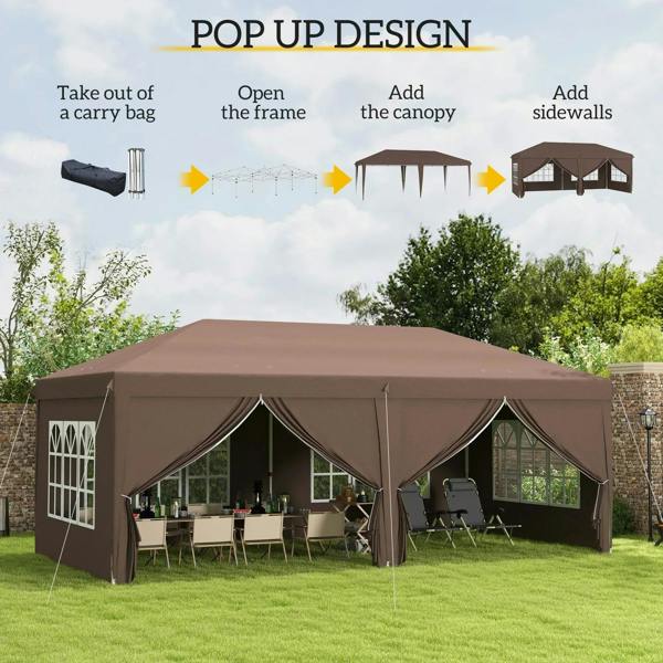 Brown pop-up gazebo with open front and side curtains, window panels, and covered entrance