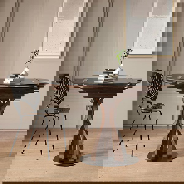 Caruso Round Extending Dining Table, Sintered Stone, White with oak dining table and bench