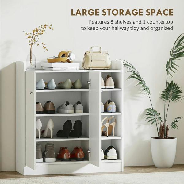White shoe storage cabinet with 2 doors, open shelving display for shoes, wide view.