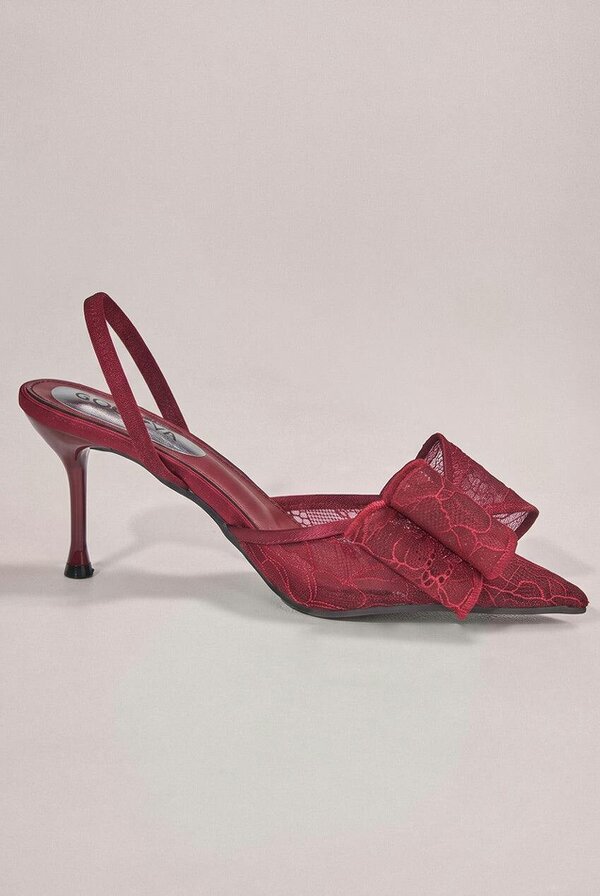 Goddiva Pointed Toe Lace Bow  Stiletto Slingback Heels - Wine by Goddiva