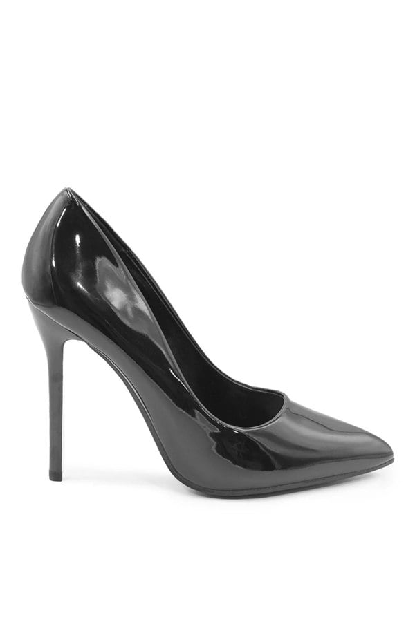 Where's That From Kyra Wide Fit High Heel Stiletto Pumps in Black Patent Faux Leather