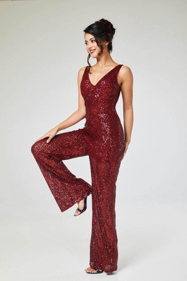 LuvForever Ruby - Wine V Neck Sequin Jumpsuit