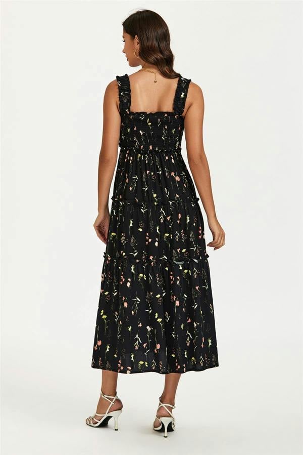 FS Collection Floral Print Hem Detail Tiered Maxi Dress In Black