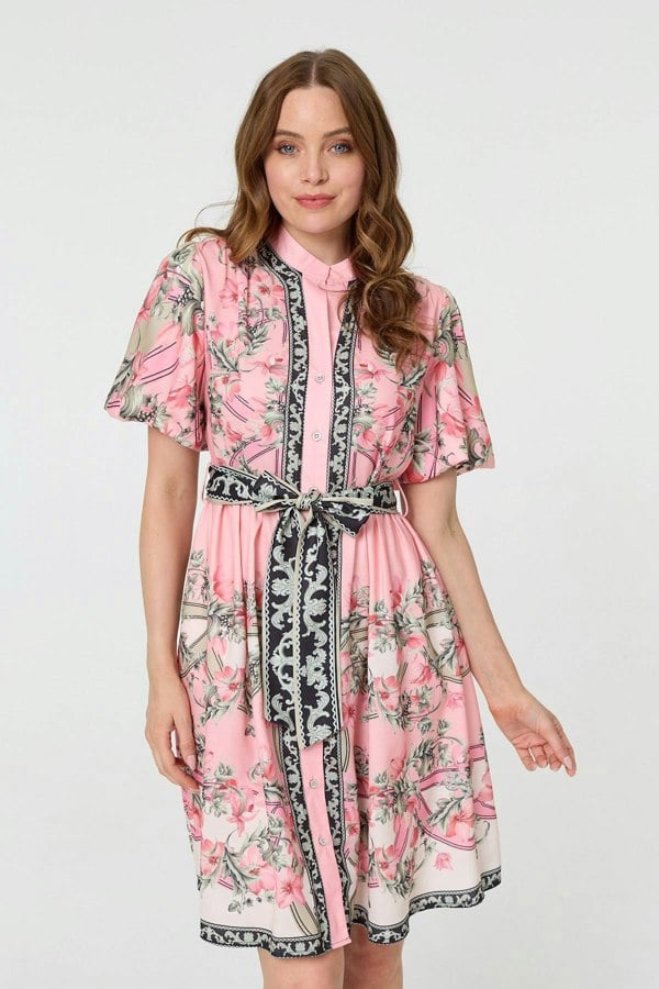Pink | Border Print Tie Waist Short Dress
