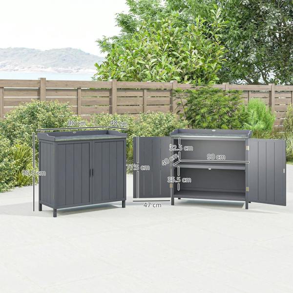 Grey outdoor storage cabinet with open right side and interior shelf space