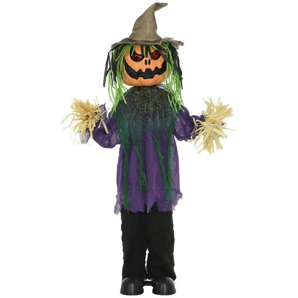 Purple Halloween animatronic scarecrow with jack-o-lantern face, glowing eyes, witch hat