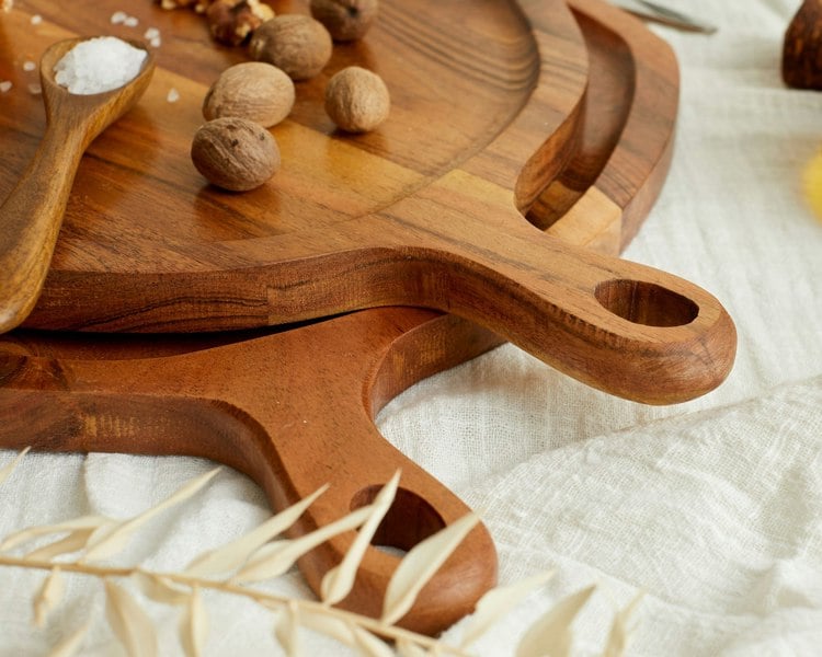 Modern Round Wood Serving Tray with Handles from What a Host Home