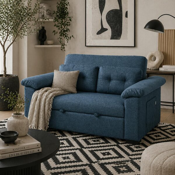 Wyld Haus Nomo Cori Fabric Blue 2 Seater Click Clack Sofa Bed With Side Pockets And Cushions