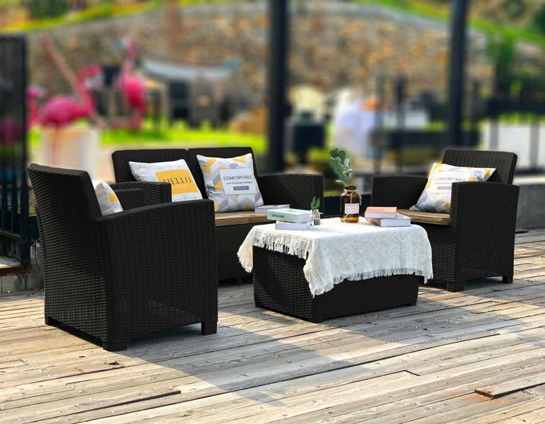Homeology SANTANA 4 Piece PE Rattan 4-Seater with Cushions Garden Furniture and Coffee Table Set in Black