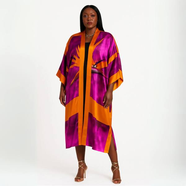 Women's Bird of Paradise Pink Purple Plus Size and Mid Size Silk Kimono gold chain heels for an elegant look.