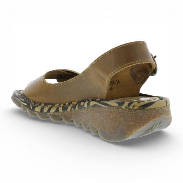Fly London Women's TRAM723FLY Camel Brown Leather Wedge Sandals