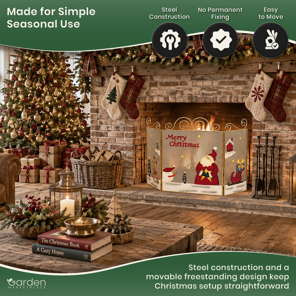 Merry Christmas Metal Fire Guard with Santa, Large 3 Panel Hinged Steel Fireplace Screen, Decorative Safety Guard or Cover, 98cm Wide x 69cm Tall