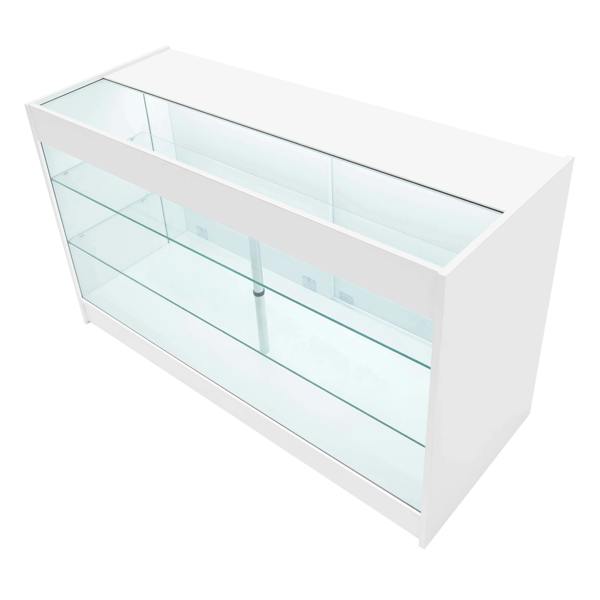 White Helios LED shop counter set with glass shelves, sleek design, and modern finish, ideal for retail displays and merchandising