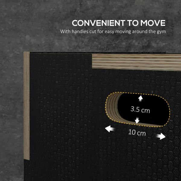 Black wooden jump box side corner with handhold cut and layered construction detail