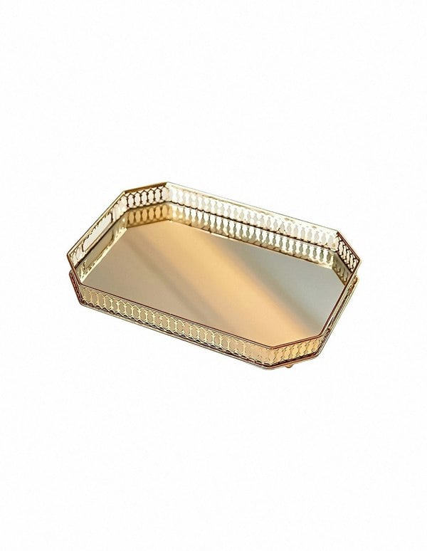 ANYHOUZ 35cm Gold Rectangle Glass Mirror Base Metal Vanity Food Serving Organisr Jewelry Cosmetics Storage Tray with Handle