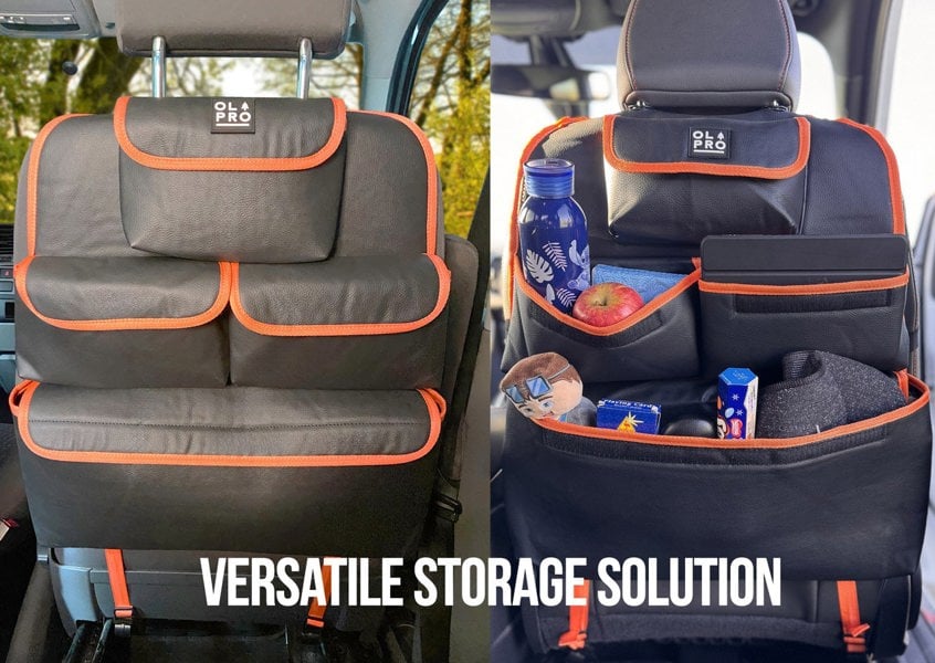 The Rear Single Seat Storage Organiser infographic depicting that the organiser is a versatile storage solution.