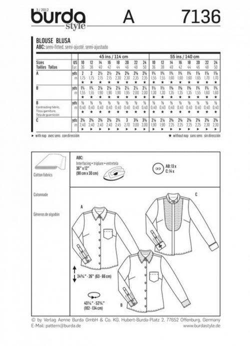 Burda Sewing Pattern 7136 Shirts and Tops For Women, 10-12-14-16-18-20-22-24 - Intermediate