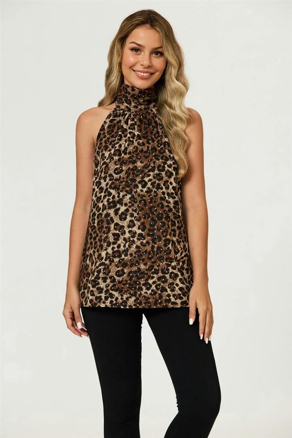 FS Collection Leopard Print Foil Halter Neck Tie Back Top In Brown