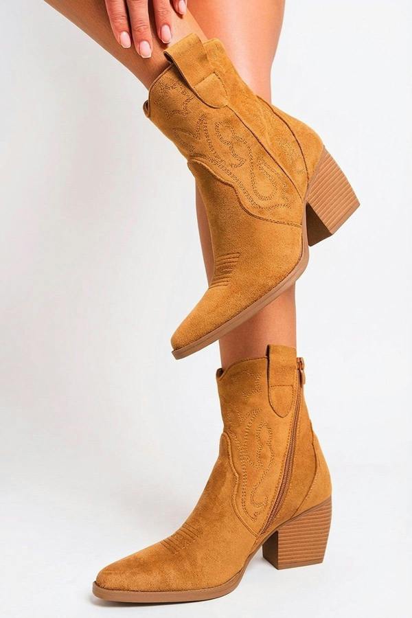 Laura Suede Cowboy Ankle Length Boots - Camel_wb