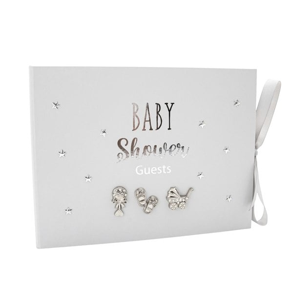 Grey Baby Shower Guest Book with Silver Plated Rattle Pram and Booties Image 1