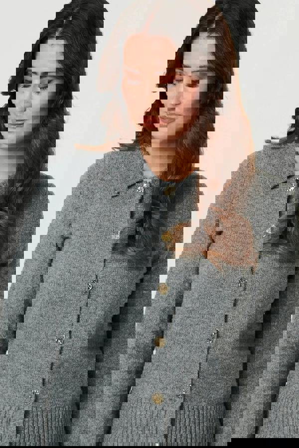 Grey | Textured Button Front Collared Cardigan