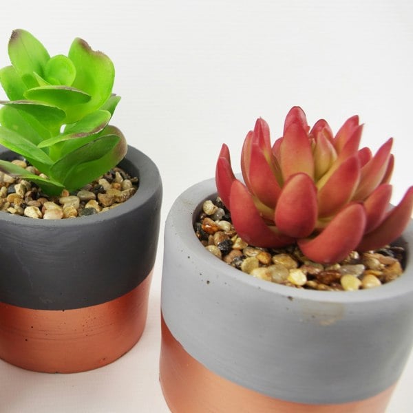 Leaf 14cm Set of Three Stoneware Mini Copper Band Planters with Artificial Succulent Plants