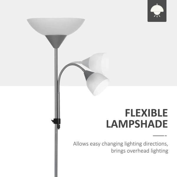 Silver floor lamp with flexible curved arm, dual shades, tall pole, and round base.