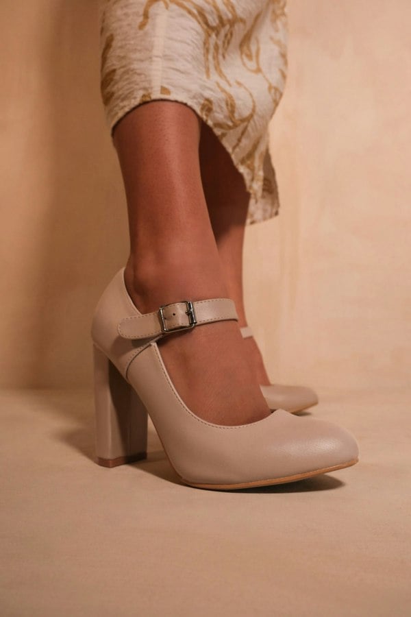 Where's That From Michelle Block High Heel Pump With Front Buckle Strap in Nude Faux Leather