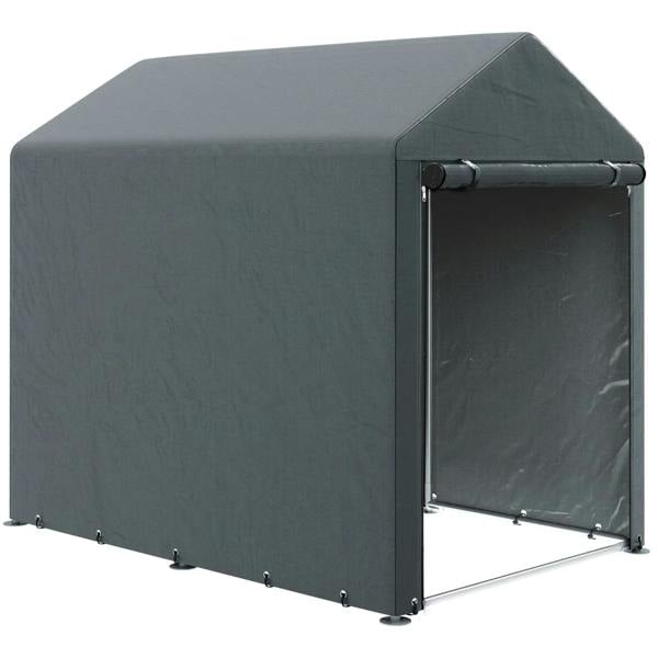 Dark grey temporary garden shed with zippered front opening and slanted roof