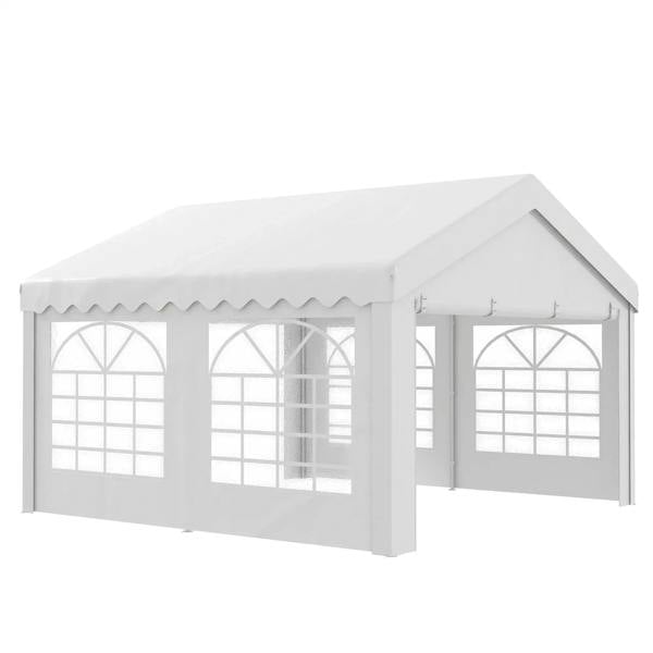 White party tent canopy with scalloped roof edge and arched window panels