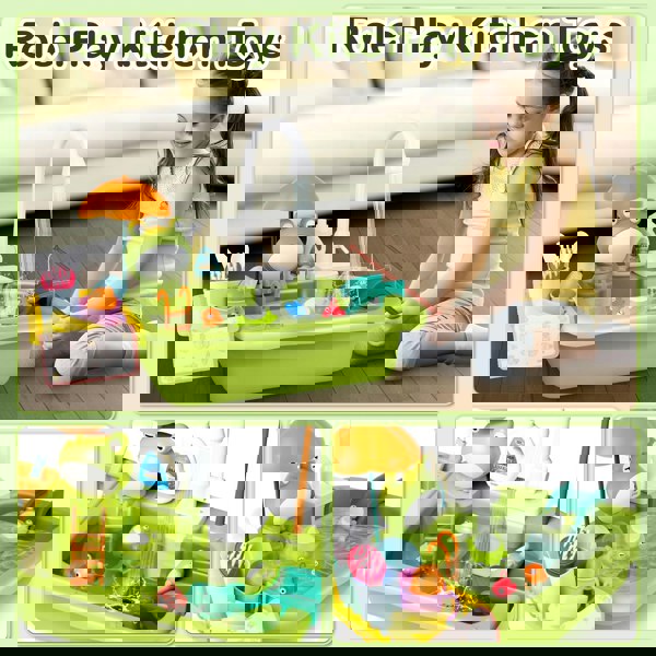 deAO Toys Kitchen Toy Set Simulated Kitchen Frog Duck Sink with Water Supply Function, Simulated Dishwashing Set