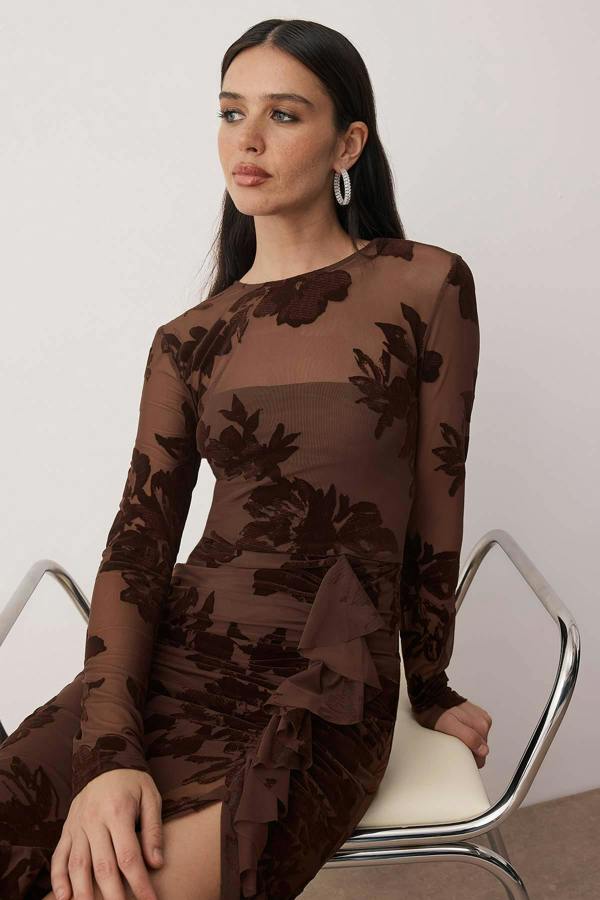 WOVCOR Flocked Mesh Lined Long Sleeve Bodycon Midi Dress