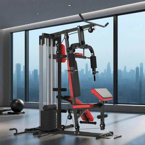 Bobobiy SPORTNOW Multi Gym Workout Station, Weight Machine with 65kg Weight Stack, Sit Up Bench, Push Up Stand, Dip Station
